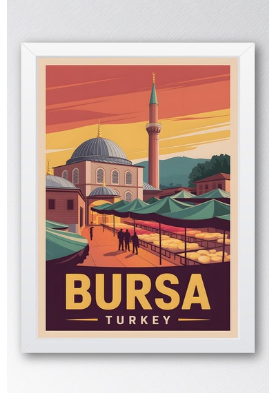 Bursa Tablo - Retro Travel Poster - Türkiye Şehir Serisi Duvar Dekoru - Çerçeve Şehir İllüstrasyonu Beyaz