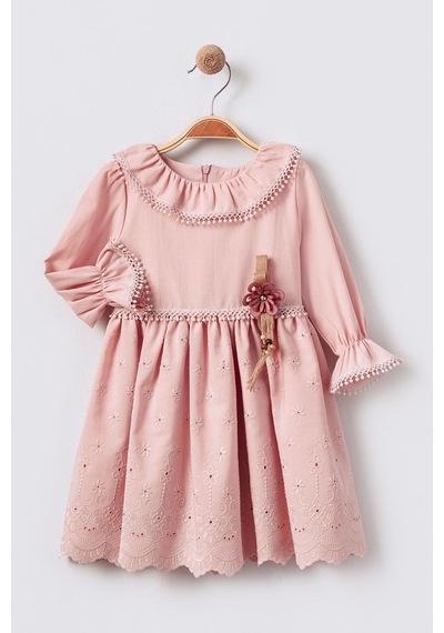 Miniğimin Cicileri Brode Fisto Detaylı Kız Çocuk Elbise - Pembe Pembe