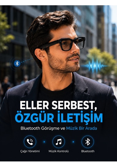 Siyah Kameralı Akıllı Gözlük Bluetooth Telefon Görüşmeli Video Fotoğraf Ve Ses Kayıtlı Dokunmatik Kontrollü - Lisinya