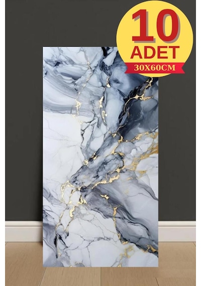 10 Adet 30x60cm Mavi Gold Mermer Desen Yapışkanlı Köpük Duvar Paneli Kağıdı Banyo,tezgah Ara Tx-6969 Mavi
