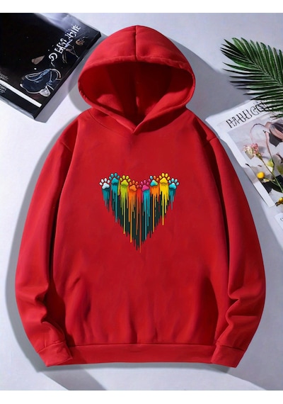 Uyguntarz Unisex Sevimli Pati Kalp Baskılı Oversize Genel Kırmızı