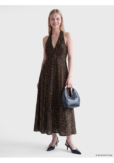Lcw Vision Kahverengi Halter Yaka Leopar Desenli A Kesim Elbise