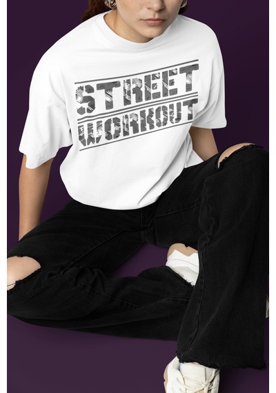 Street Workout Calisthenics Sırt Baskılı Unisex Oversize Sporcu T Beyaz