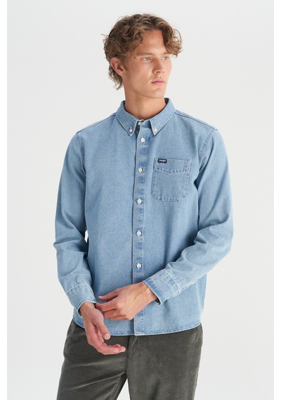 Wrangler Pamuk Regular Fit Tek Cepli Klasik Yaka Gömlek Mavi