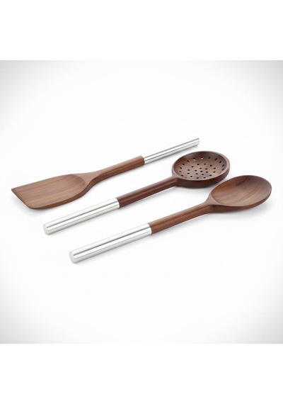 Amberhaus%100 Doğal Akasya Ahşap & Paslanmaz Çelik 3'lü Mutfak Seti / Kaşık, Spatula, Kevgir / Isıya Dayanıklı Ve Şık Servis Takımı Kaşık Çok Renkli