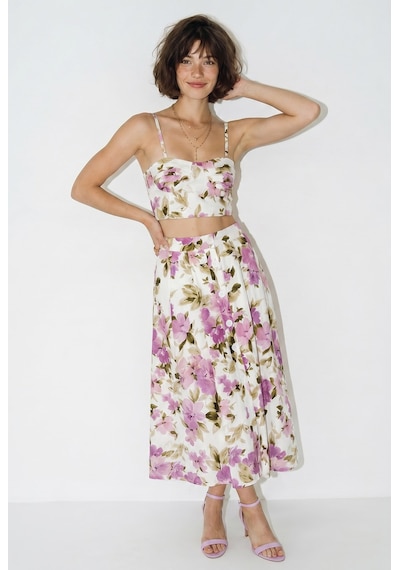 Kadın Çiçek Desenli Crop Bluz Ve Düğme Detaylı Midi Etek Takım 7697 60286365 - Ekru-mor