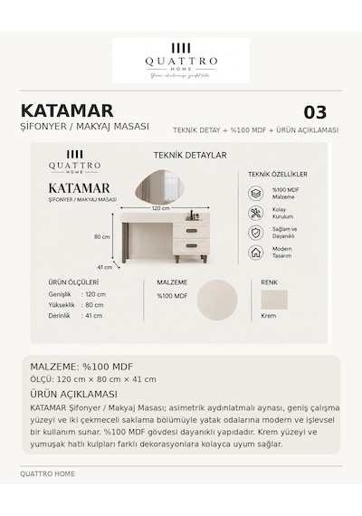 Katamar Aynalı Makyaj Masası Beyaz