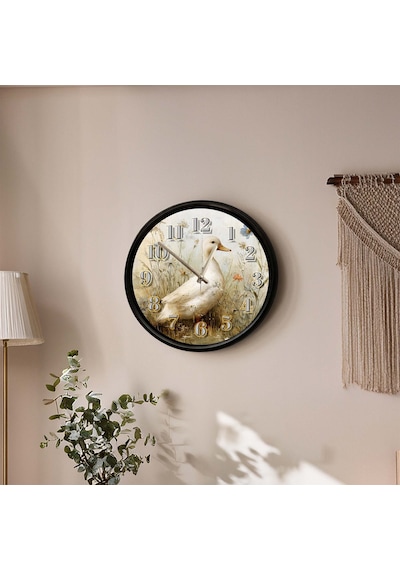 Çiçek Bahçesinde Beyaz Ördek Temalı Dekoratif Duvar Saati 28 Cm Sessiz Mekanizma Çok Renkli