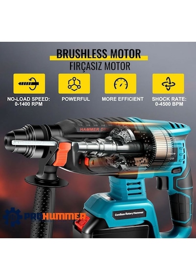 Prohummer Ph014 Kömürsüz 88vf 5ah Profesyonel Şarjlı Kırıcı Delici Matkap Mavi