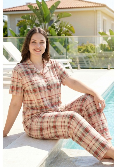 Remsa Büyük Beden Kadın Ekose Desenli Kısa Kol Milan Kumaş Pijama Takımı 1722 Sarı