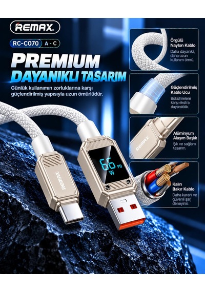 Remax Suxien Serisi Rc-c070-b 66w Akıllı Dijital Ekranlı Usb-a To Type-c Hızlı Şarj Ve Data Kablosu 1.2 Metre Beyaz