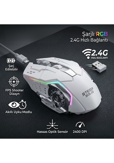 Rgb Gaming Kablosuz Mouse Beyaz Şarjlı, 2.4g Hız, 2400 Dpı Hassas Optik Sensör, Sağ Ve Sol El Uyumlu Diğer
