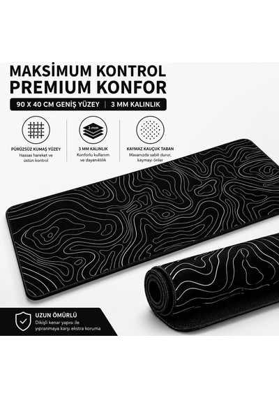 90x40 Cm Mouse Pad, Beyaz Topografik Kontur Desenli Büyük Mouse Pad, Kaymaz Kauçuk Tabanlı, Dikişli Kenarlı 3 Mm Klavye Ve Mouse Altlığı, Minimal Desk Mat