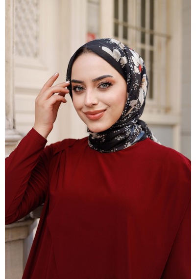 Mimiyum Papatya Desen Nayf İpek Şal Siyah