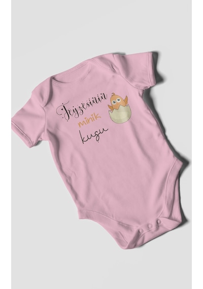 Teyzesinin Minik Kuşu Baskılı Bebek Zıbını Çıtçıtlı Body %100 Pamuk Kısa Kol Koyu Pembe