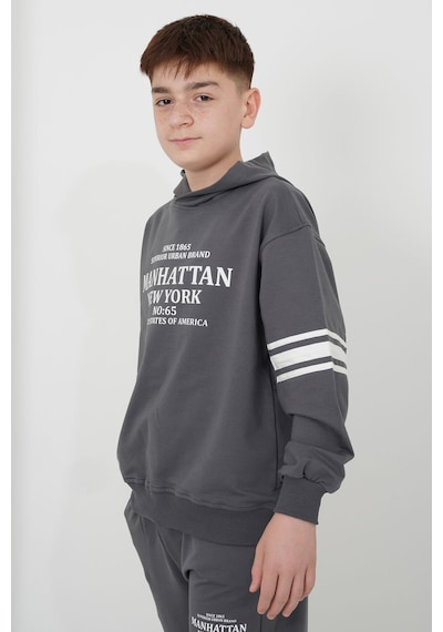Haykids Erkek Çocuk İki İplik Kumaş Kapüşonlu Baskılı Eşofman Takımı Füme