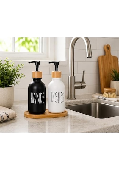 2 Li Hands & Dishes Siyah Beyaz Cam Sabunluk Seti Modern Minimalist Tasarım, 500 Ml Kapasiteli, Bambu Standlı Dekoratif Mutfak & Banyo Sıvı Sabunluk Dispenser Seti 12 Izgara
