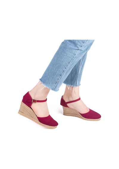 Gerçek Elişi Bilekten Bantlı Topuğu Açık Keten Espadril Dolgu Topuk Handmade Bordo