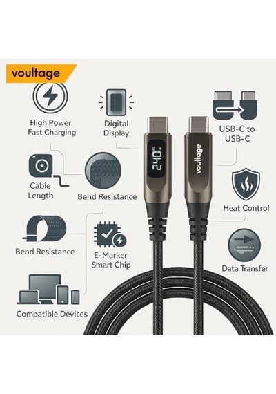 Type-c To Type-c 240w 1.2 M Dijital Watt Göstergeli Metal Uçlu Şarj Kablosu İphone 17, 16, 15, Galaxy S24, S23, Pixel, İpad, Macbook, Nintendo, Xiaomi Uyumlu, Siyah