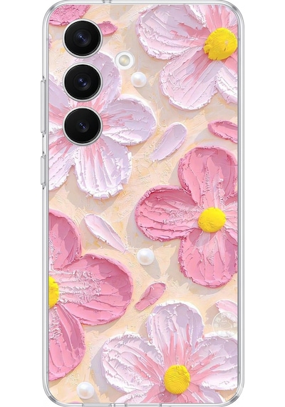 Samsung Galaxy S26 Uyumlu Pembe Beyaz Çiçekler Sulu Boya Baskılı Silikon Kılıf Renkli