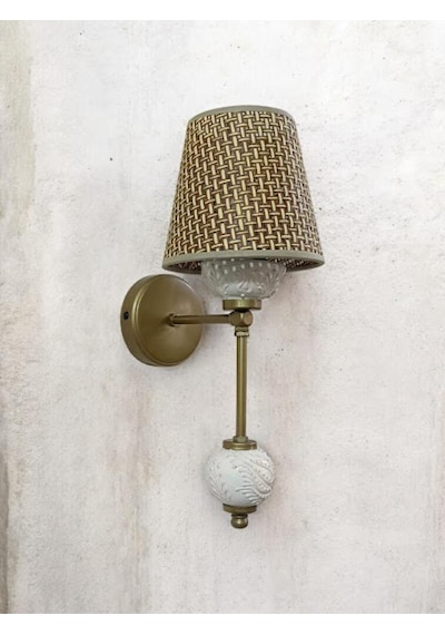Didim Metal Aplik Eskitme Statik Boyalı Rattan Kahverengş Şapkalı Krem Rengi Çini Top- Cam Arkalı Krem