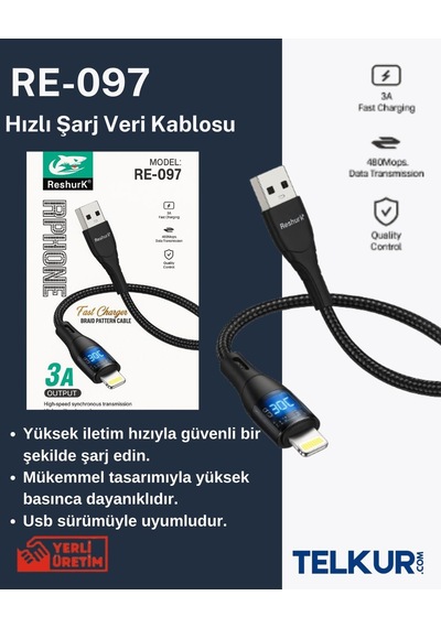 Ferro Reshurk Re-097 Usb-c & Lightning Metal Uclu Ledli 1000cm 3a Hızlı Data - Şarj Hasır Kablo