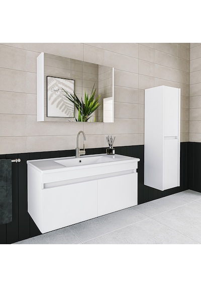 Banos Tm3 Lavabolu Beyaz 100 Cm Aynalı Banyo Dolabı Takımı Beyaz