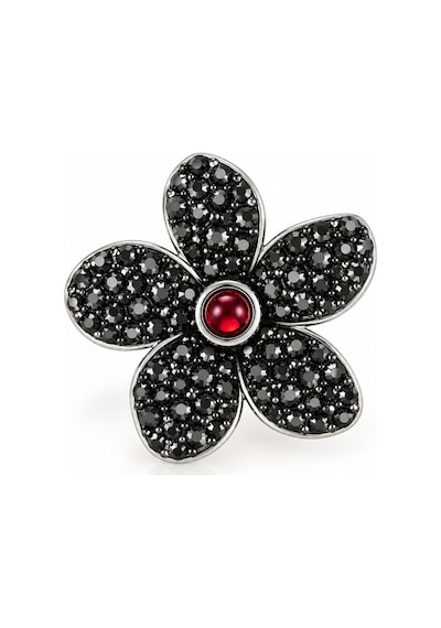 Essentials Collection Odette Siyah Taşlı Kırmızı Detaylı Silver Çiçek Figürlü Kadın Broş Gümüş Gümüş
