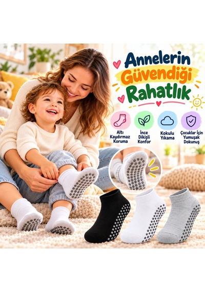 Woman And Kids Wak Çocuk Kaydırmaz Tabanlı Patik Çorap 3'lü Set Siyah Beyaz Gri Yumuşak Esnek Kokulu Günlük Çorap Rahat Çok Renkli