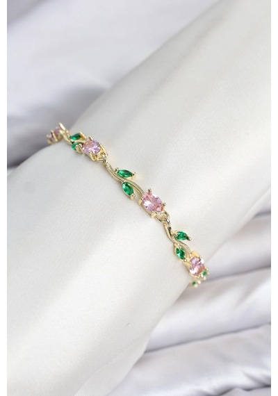 Pirinç Gold Renk Pembe Zirkon Taşlı Çiçek Model Kadın Bileklik Renkli