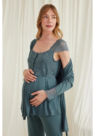 L'ombre Dantelli Önü Düğmeli Hamile Lohusa 3lü Viskon Pijama Takımı