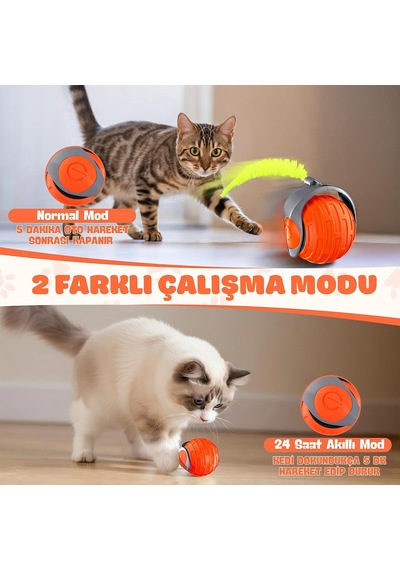 Akıllı Kedi Oyun Topu - Otomatik Yuvarlanan İnteraktif Kedi Oyuncağı - Şarj Edilebilir Evcil Hayvan Oyun Arkadaşı - Farklı Hız Ve Oyun Modları - Led Işıklı - Tüylü Kovalama Kuyruğu Turuncu