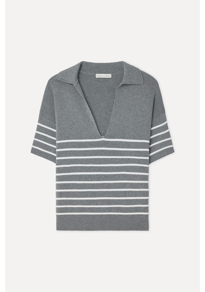 Mudo Kadın Kadın Çizgili Loose Fit Polo Yaka Kısa Kollu Kazak 1271423 Gri Melanj