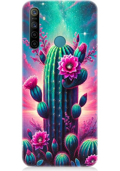 Realme 5i Uyumlu Neon Renkli Kaktüs Bahçesi Desenli Silikon Kılıf Çok Renkli