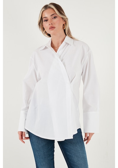 Lela Regular Fit Klasik Yaka Bağlamalı Uzun Kollu Bayan Gömlek 6834987 Beyaz