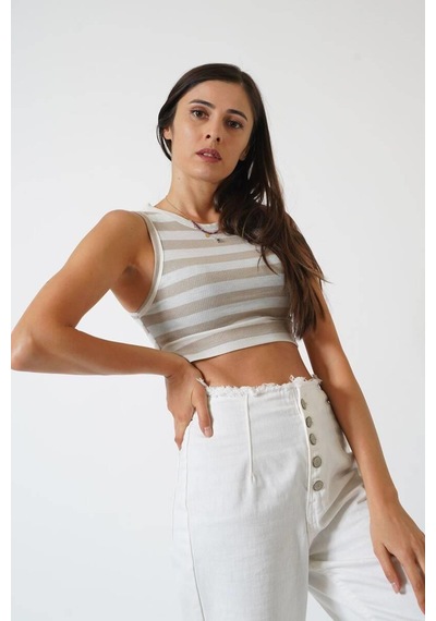 Ckm Moda Adrian Yüksek Kalite Kadın Yuvarlak Yaka Çizgili Crop Bluz Ekru