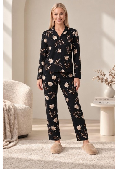 Gd Goldoremi 30185 Kadın Premium Uzun Kollu Önden Düğmeli Pijama Takım Siyah