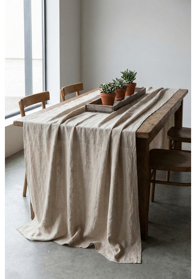Linen Vintage Naturel Keten Masa Örtüsü - Ham Bej Yıkanmış Keten Bohem Sofra Örtüsü
