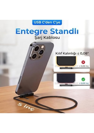 Yeni Pro Tech 240w Destekli Standlı 1,5metre Siyah Hasır Kablo Type-c Girişli Şarj Kablosu