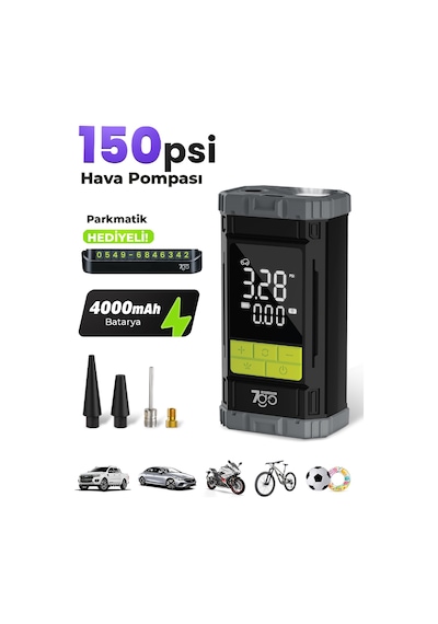 7a6 Turbo Boost Şarjlı Hava Pompası 150 Psı Taşınabilir Lastik Şişirme Kompresörü 4000mah Powerban