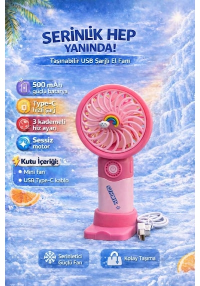 Fit Pembe Mini Taşınabilir Sessiz El Fanı 3 Hız Ayarlı Mini El Pervanesi Soğutucu-vantilatör