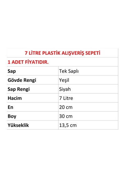 7 Litre Plastik Kozmetik Alışveriş El Sepeti Yeşil 1 Adet / En:20 Boy:30 Yükseklik:13,5 Cm Yeşil