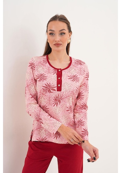Çift Kaplan Kadın Pamuk Palmiye Desenli Patlı Bordo Pijama Takımı 7025 Bordo