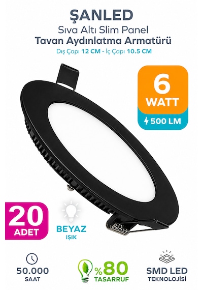 6w Tasarruflu Led Yuvarlak Siyah Kasa Beyaz Işık Sıva Altı Panel Aydınlatma Armatürü 20 Adettir