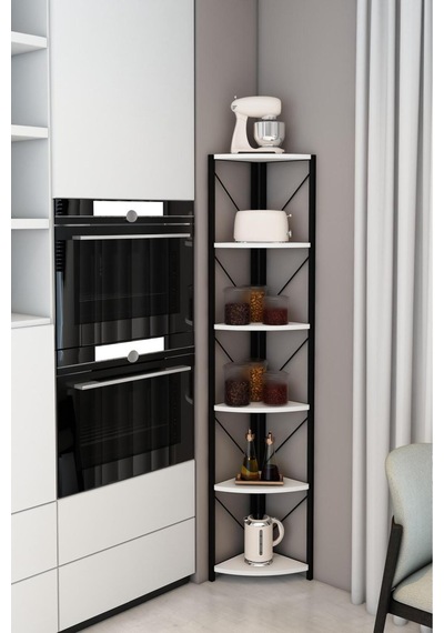 Datça 6 Raflı Metal Köşe Kitaplık Rafı Dekoratif Aksesuar Rafı 180 Cm Beyaz Beyaz