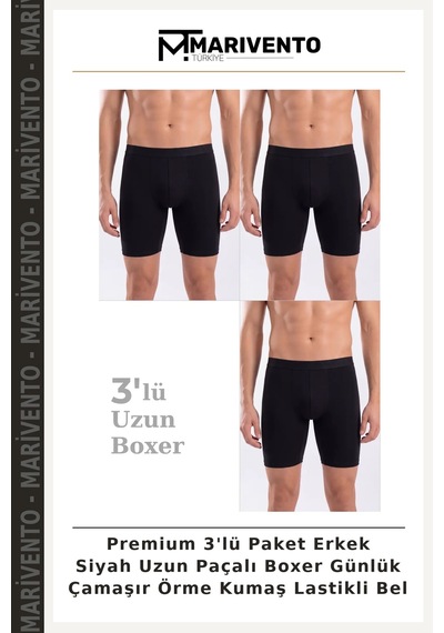Marivento Premium 3'lü Paket Erkek Siyah Uzun Paçalı Boxer Günlük Çamaşır Örme Kumaş Lastikli Bel