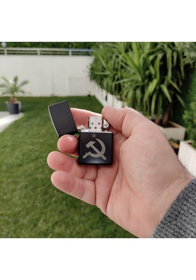 Sovyet Orak Çekiç Lazer Baskılı Gri Metal Benzinli Çakmak