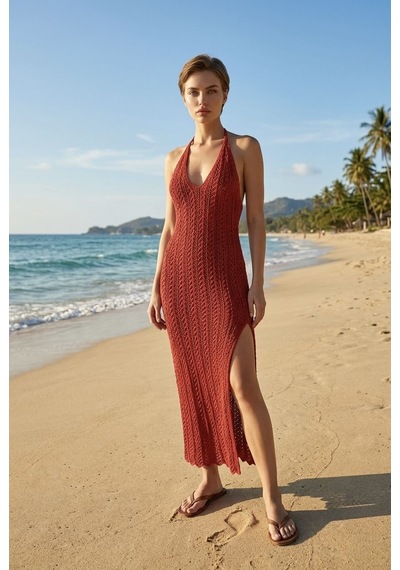 Neden Tekstil Beachwear Boyundan Bağlamalı Ajurlu Triko Plaj Elbisesi - Kırmızı