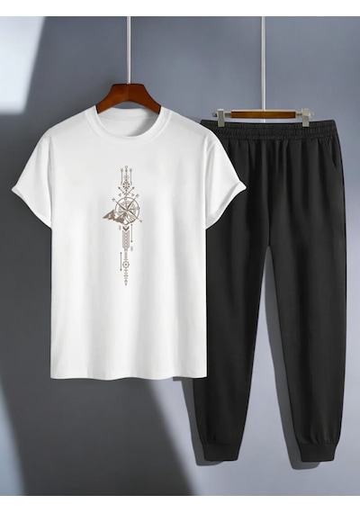 Uyguntarz Unisex Zaman Pusulası Tasarım Basklı Tshirt Eşofman Takımı Beyaz