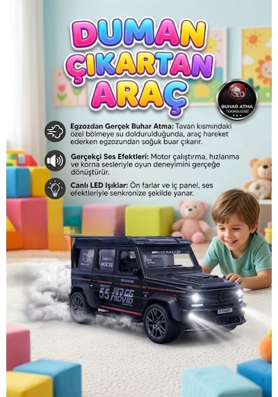 Duman Çıkaran 3 Buton Fonksiyonlu Işıklı Müzikli Sesli Sürtmeli 4x4 Arazi Aracı Temalı Oyuncak Araba Siyah